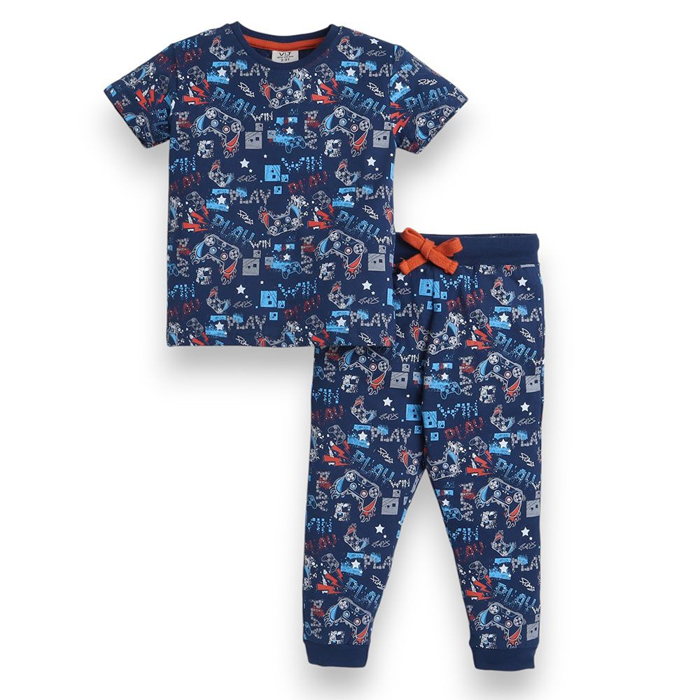 Victor And Jane - 2pc-Set - Boy's Printed T-Shirt And Long Pants - Navy Blue