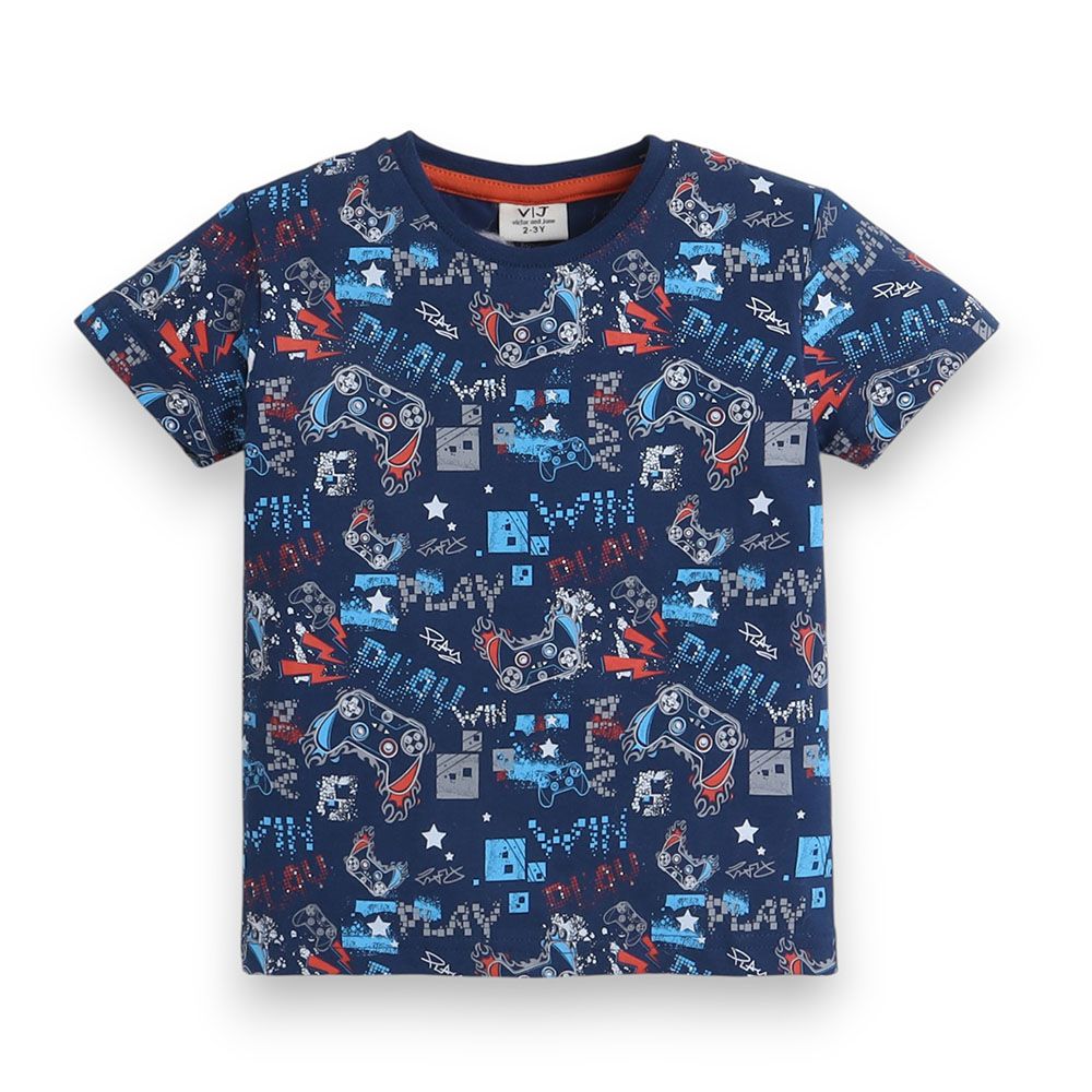 Victor And Jane - 2pc-Set - Boy's Printed T-Shirt And Long Pants - Navy Blue