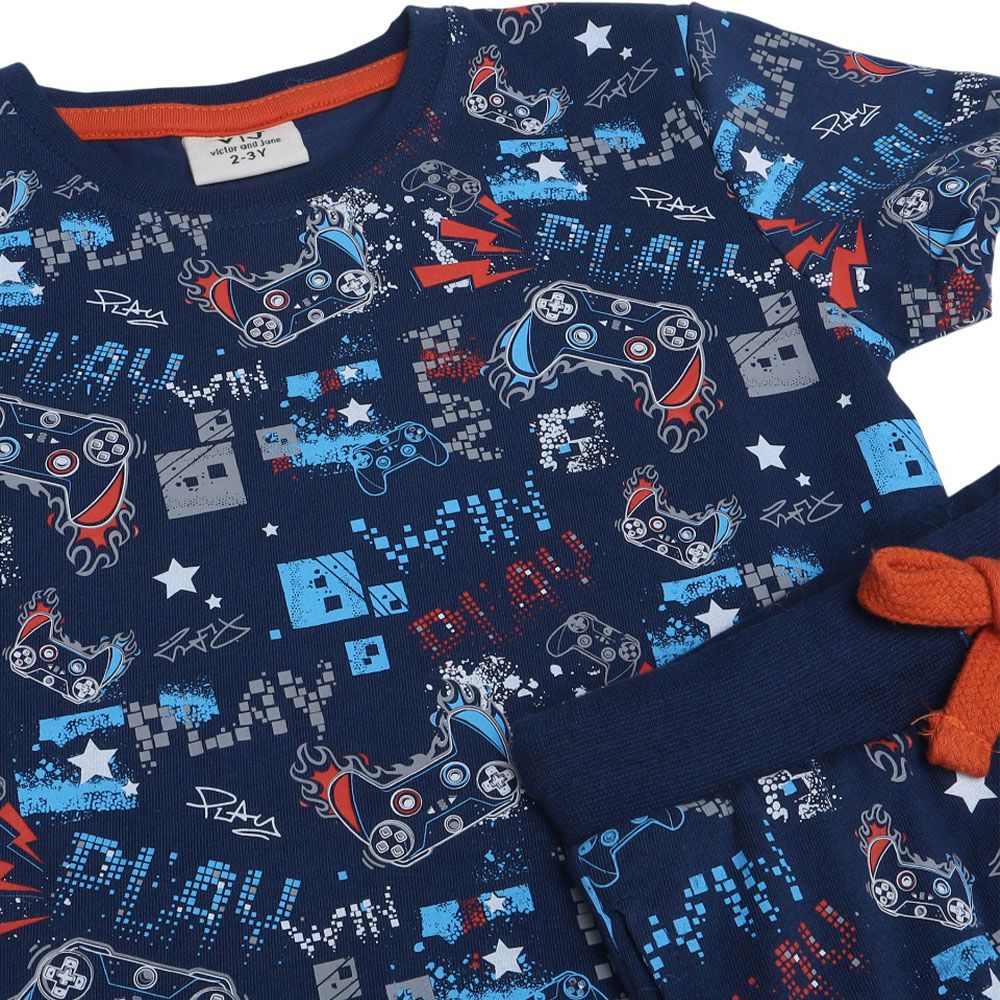 Victor And Jane - 2pc-Set - Boy's Printed T-Shirt And Long Pants - Navy Blue