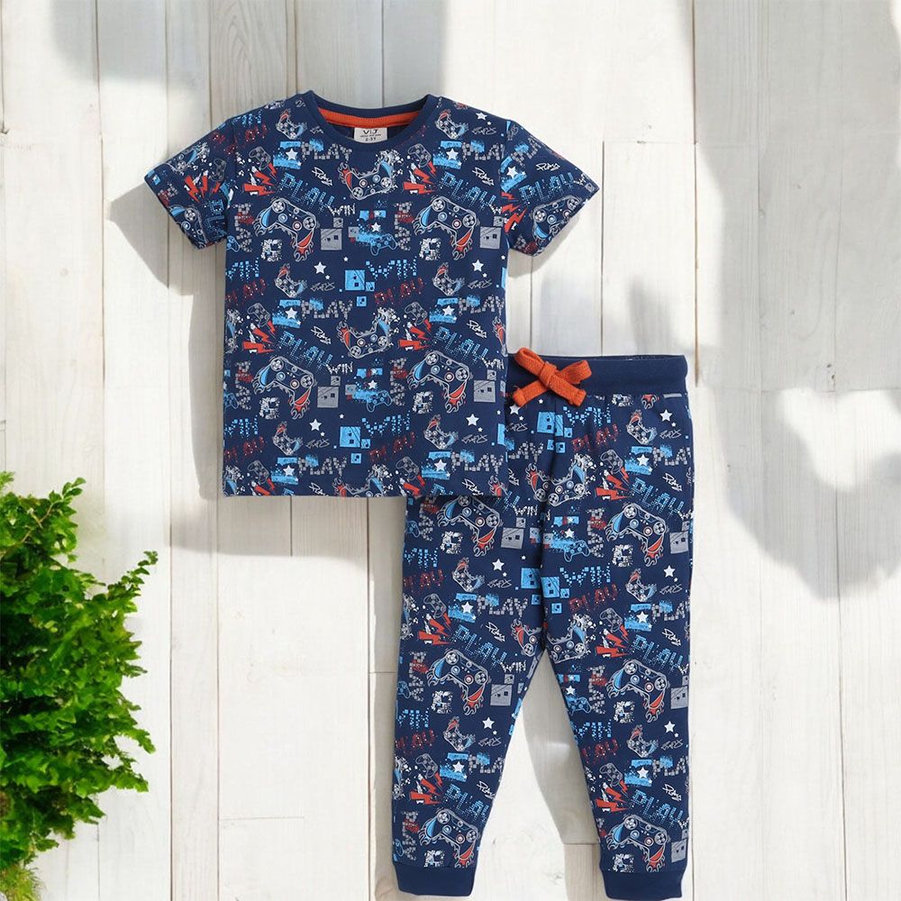 Victor And Jane - 2pc-Set - Boy's All-Over Printed Pyjama T-Shirt & Pants - Blue