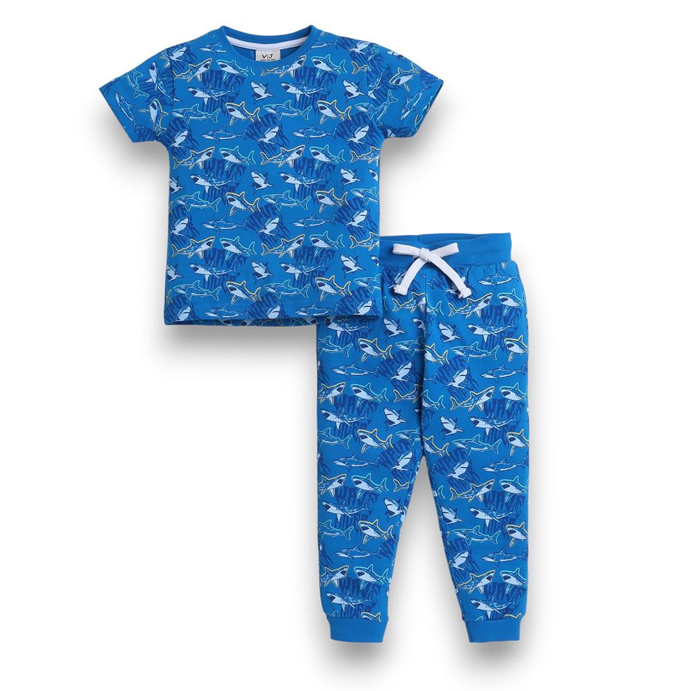 Victor And Jane - 2pc-Set - Boy's Printed T-Shirt And Long Pants - Dark Blue