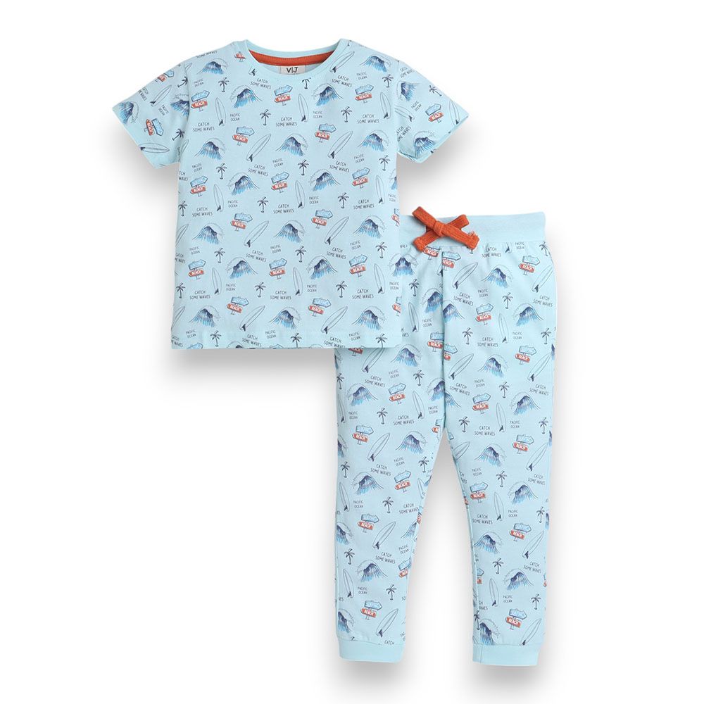 Victor And Jane - 2pc-Set - Boy's All-Over Printed Pyjama T-Shirt & Pants - Light Blue