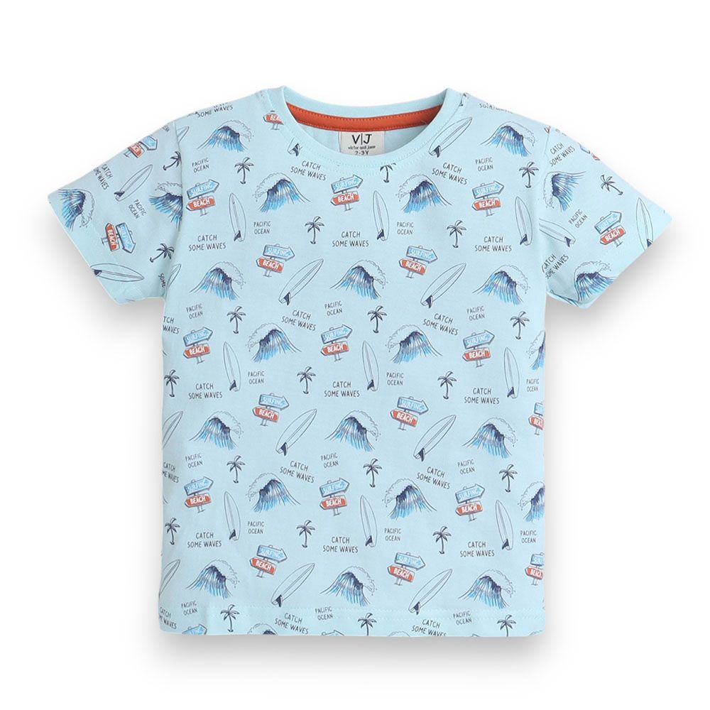 Victor And Jane - 2pc-Set - Boy's All-Over Printed Pyjama T-Shirt & Pants - Light Blue