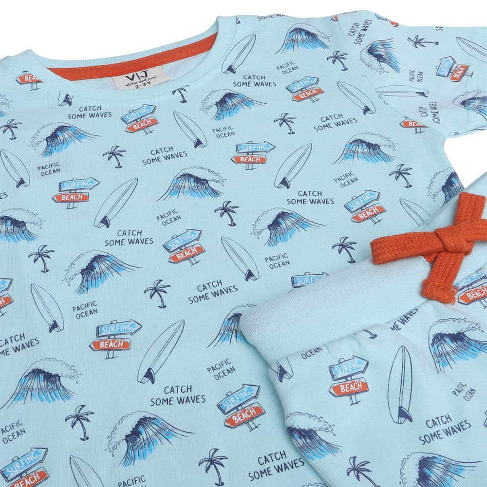 Victor And Jane - 2pc-Set - Boy's All-Over Printed Pyjama T-Shirt & Pants - Light Blue