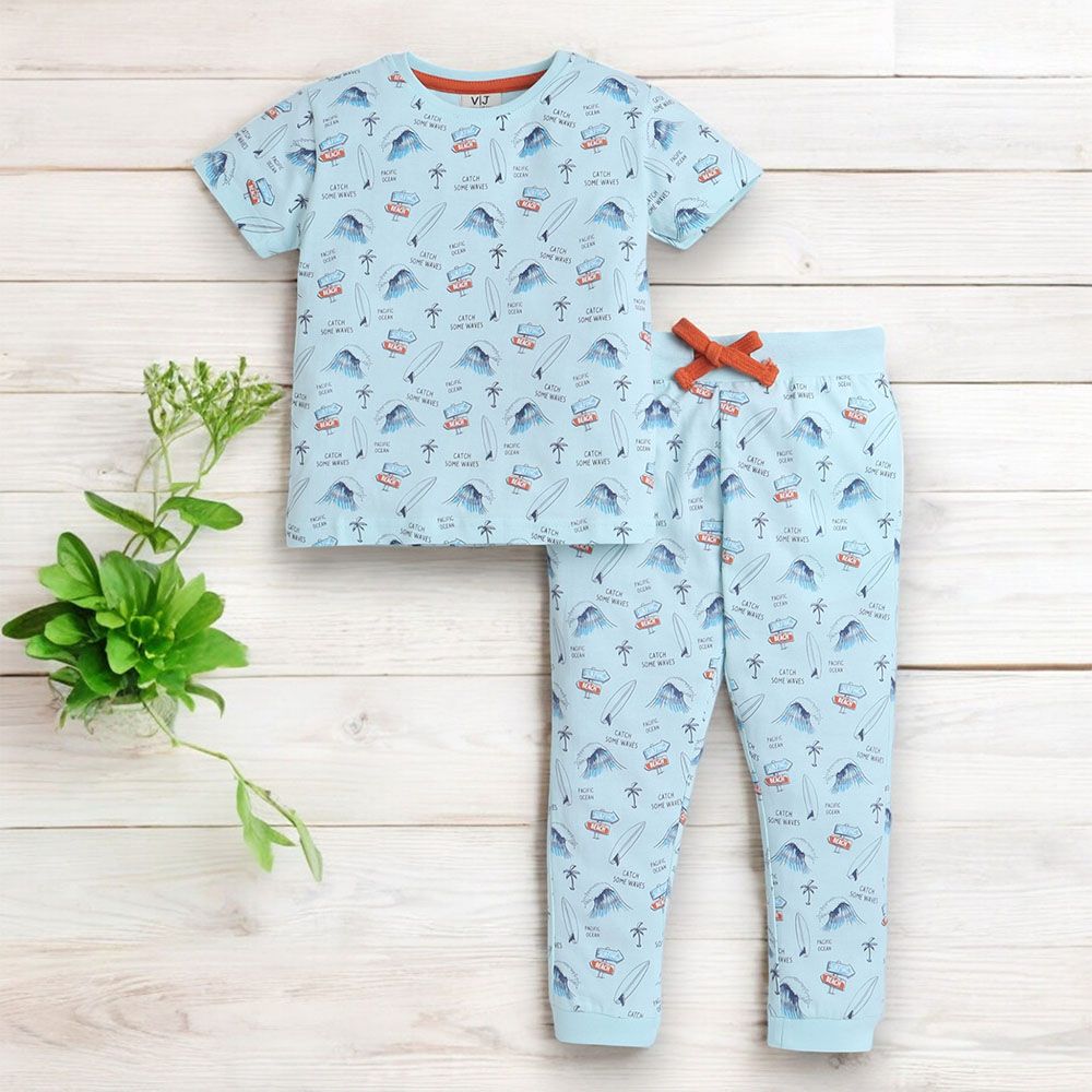 Victor And Jane - 2pc-Set - Boy's All-Over Printed Pyjama T-Shirt & Pants - Light Blue