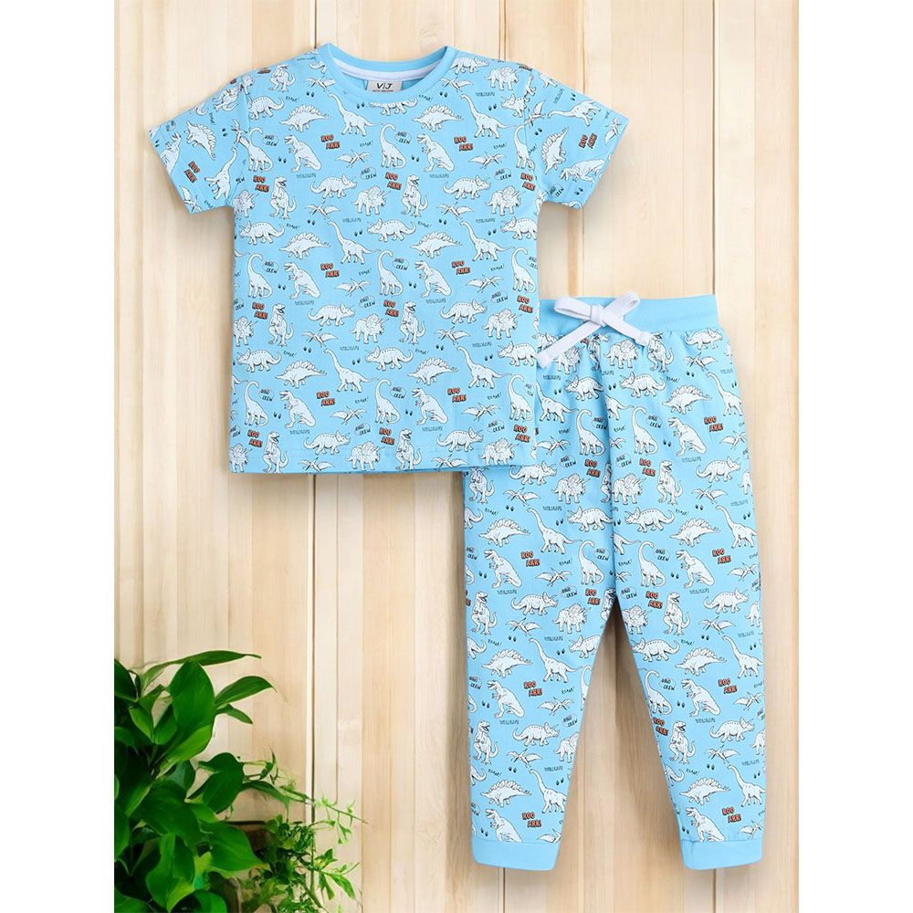 Victor And Jane - 2pc-Set - Boy's Printed T-Shirt And Long Pants - Sky Blue