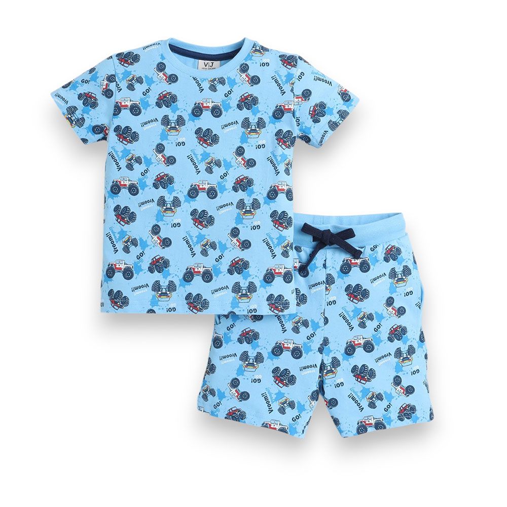 Victor And Jane - 2pc-Set - Boy's All-Over Printed Pyjama T-Shirt & Shorts - Blue