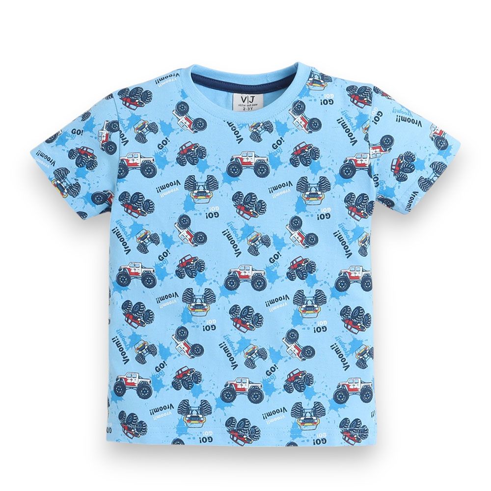 Victor And Jane - 2pc-Set - Boy's All-Over Printed Pyjama T-Shirt & Shorts - Blue