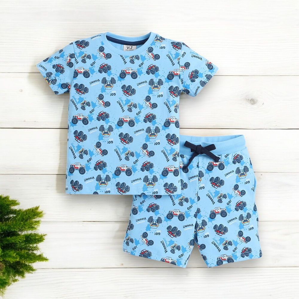 Victor And Jane - 2pc-Set - Boy's All-Over Printed Pyjama T-Shirt & Shorts - Blue