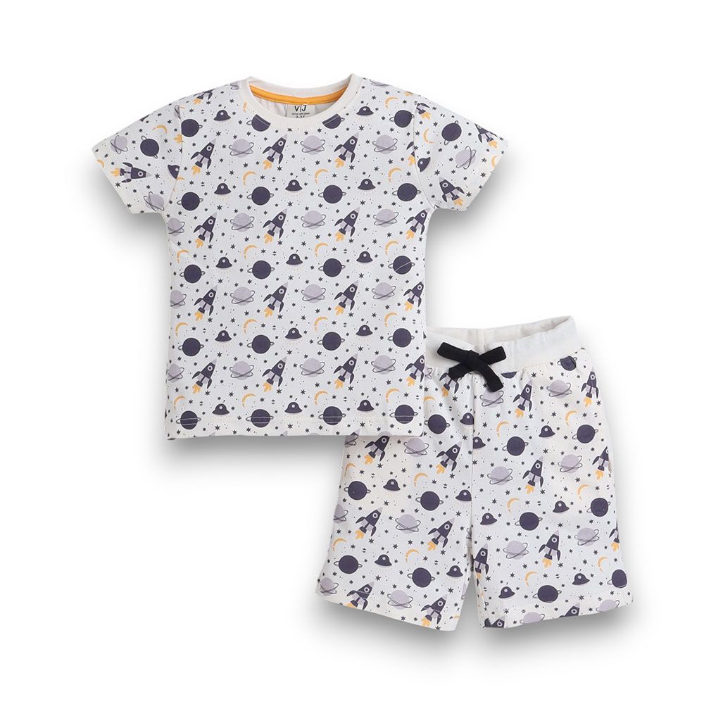 Victor And Jane - 2pc-Set - Boy's Printed T-Shirt And Shorts - Space