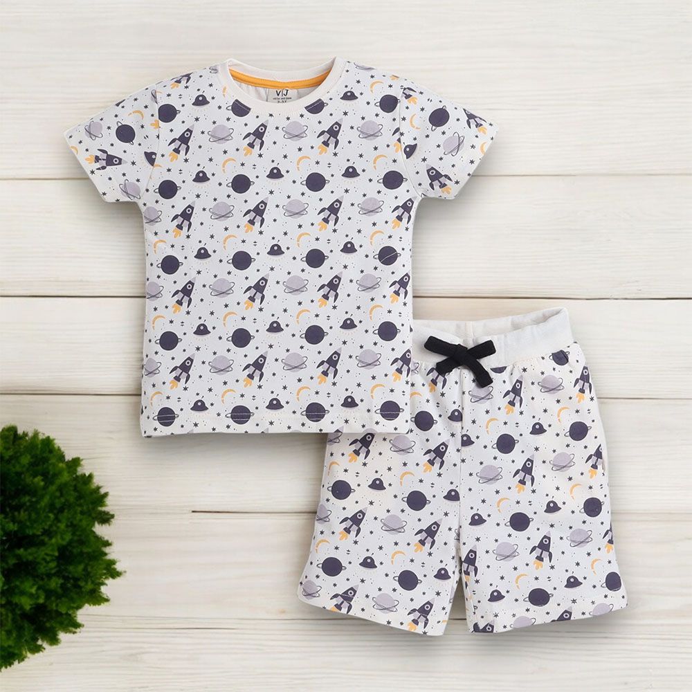 Victor And Jane - 2pc-Set - Boy's Printed T-Shirt And Shorts - Space