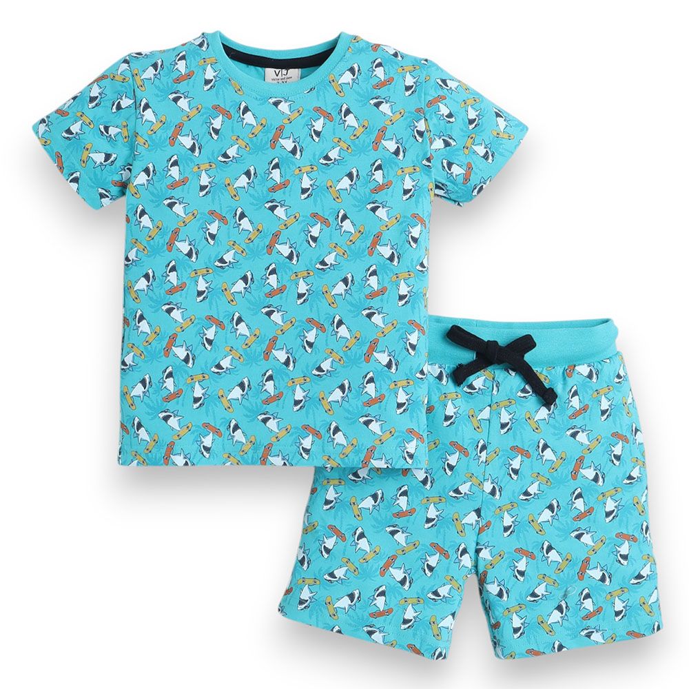 Victor And Jane - 2pc-Set - Boy's All-Over Shark Printed T-Shirt And Shorts - Blue