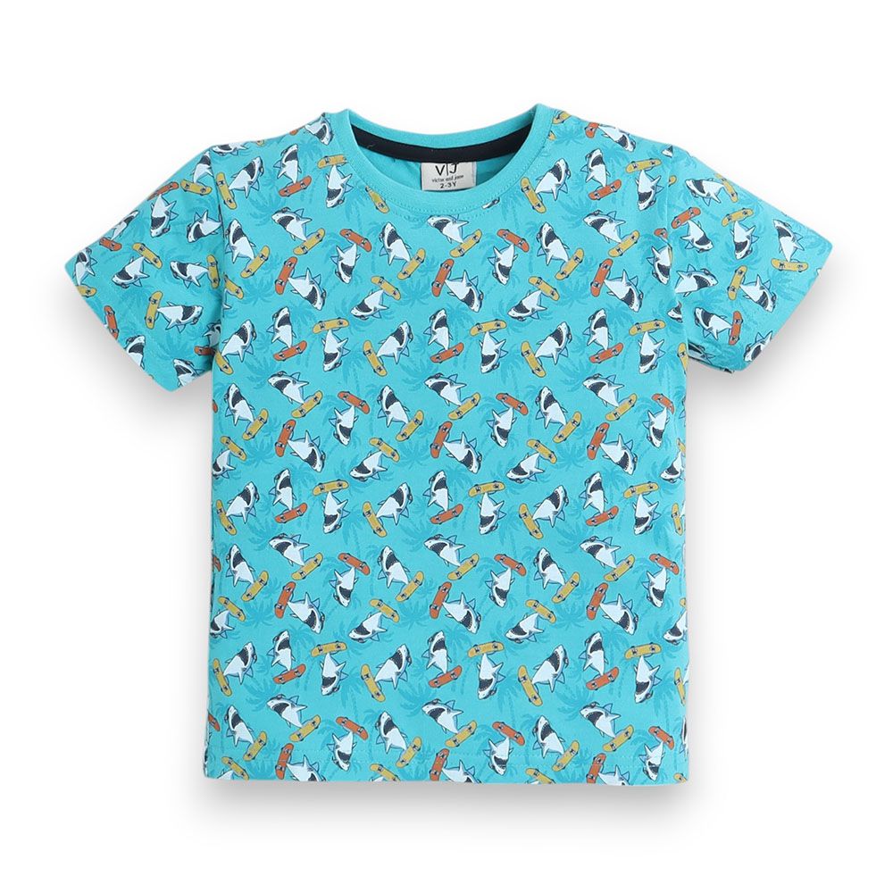 Victor And Jane - 2pc-Set - Boy's All-Over Shark Printed T-Shirt And Shorts - Blue