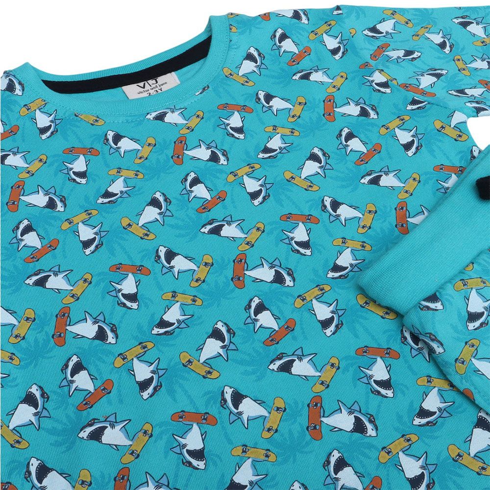 Victor And Jane - 2pc-Set - Boy's All-Over Shark Printed T-Shirt And Shorts - Blue