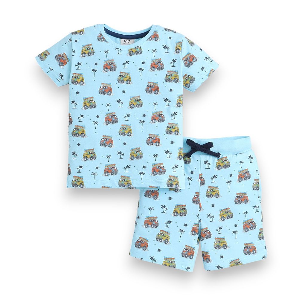 Victor And Jane - 2pc-Set - Boy's All-Over Print Pyjama T-Shirt & Shorts - Blue