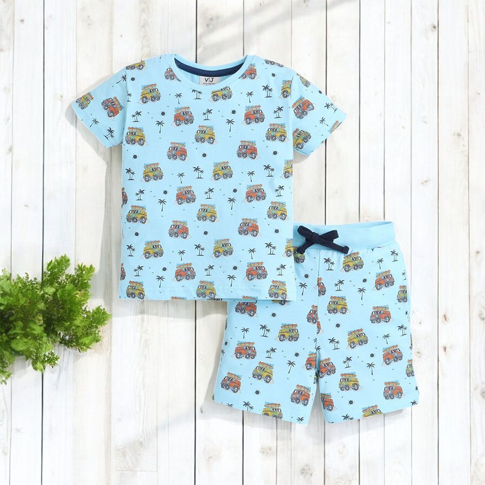 Victor And Jane - 2pc-Set - Boy's All-Over Print Pyjama T-Shirt & Shorts - Blue