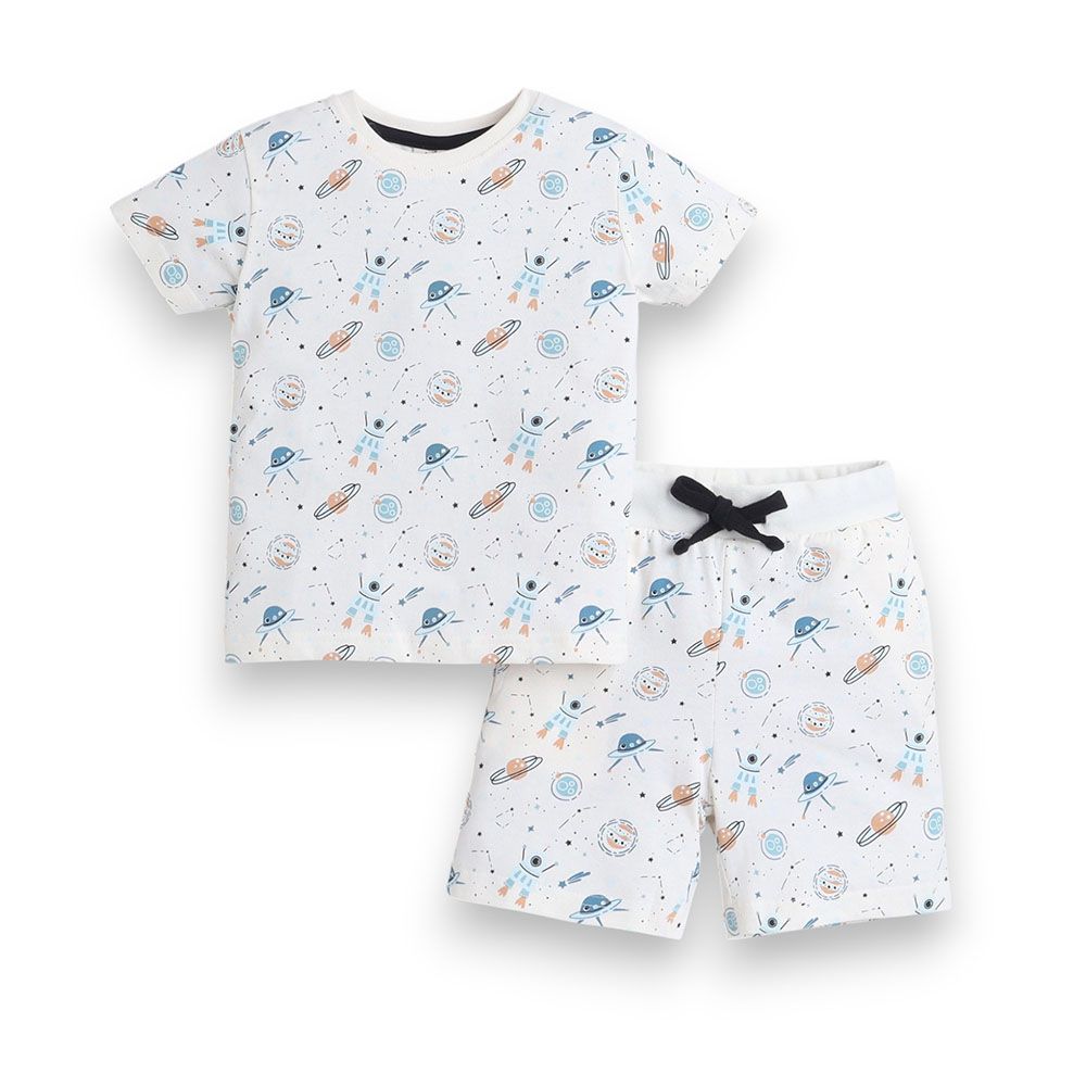 Victor And Jane - 2pc-Set - Boy's All-Over Printed Pyjama T-Shirt & Shorts - White