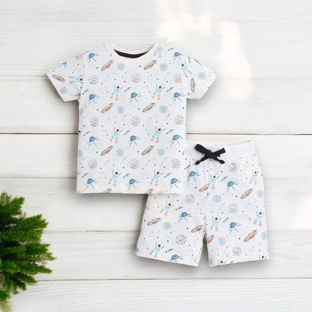 Victor And Jane - 2pc-Set - Boy's All-Over Printed Pyjama T-Shirt & Shorts - White