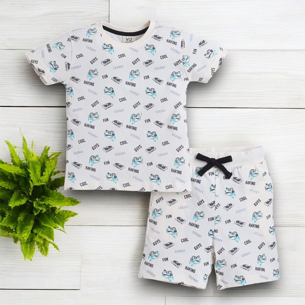 Victor And Jane - 2pc-Set - Boy's Dino Printed T-Shirt And Shorts