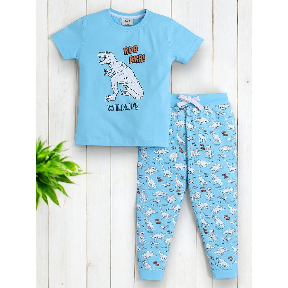 Victor And Jane - 2pc-Set - Boy's Wildlife Printed T-Shirt And Long Pants - Sky Blue