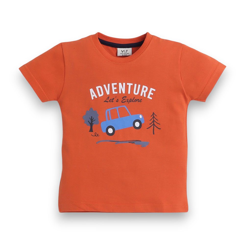 Victor And Jane - 2pc-Set - Boy's Adventure Printed T-Shirt And Long Pants - Orange/Multicolor