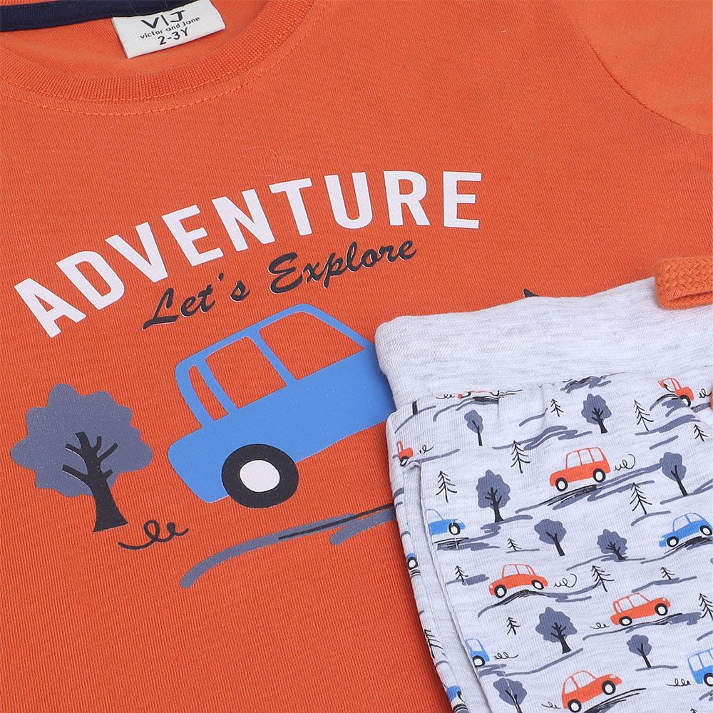 Victor And Jane - 2pc-Set - Boy's Adventure Printed T-Shirt And Long Pants - Orange/Multicolor