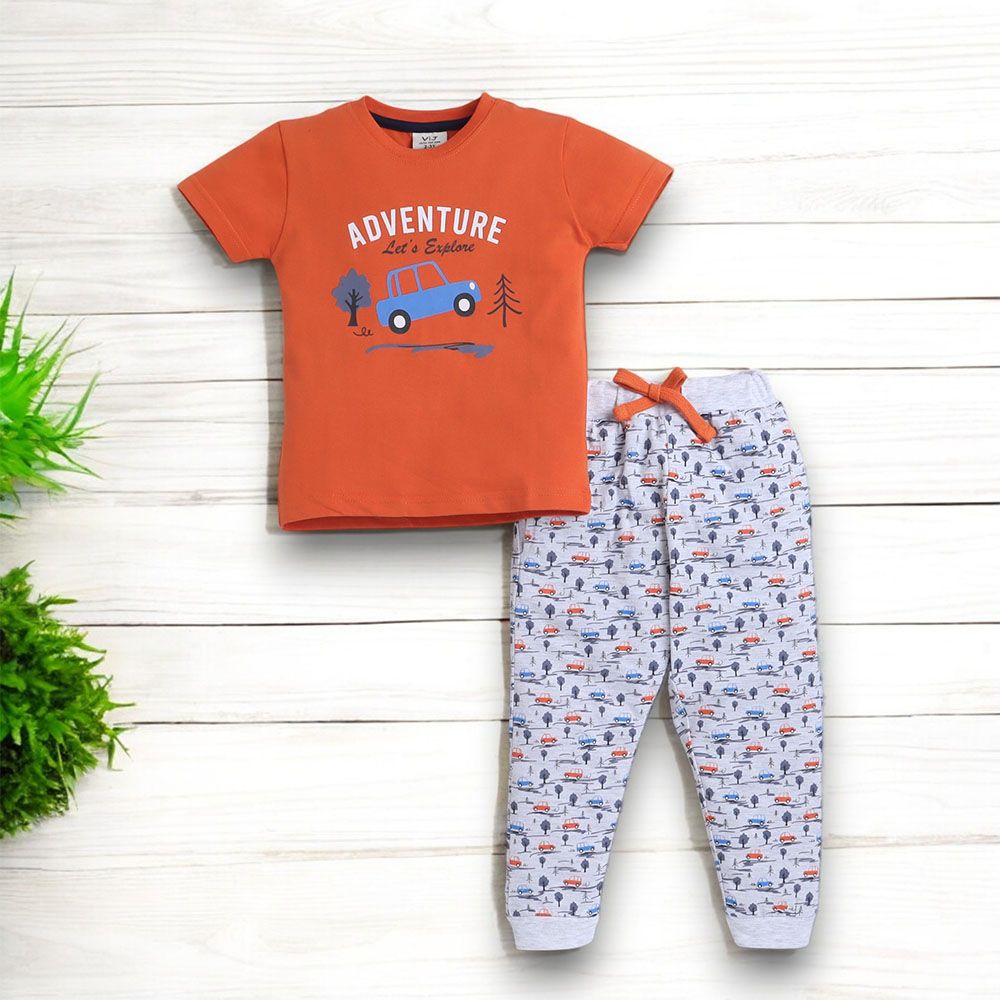 Victor And Jane - 2pc-Set - Boy's Adventure Printed T-Shirt And Long Pants - Orange/Multicolor