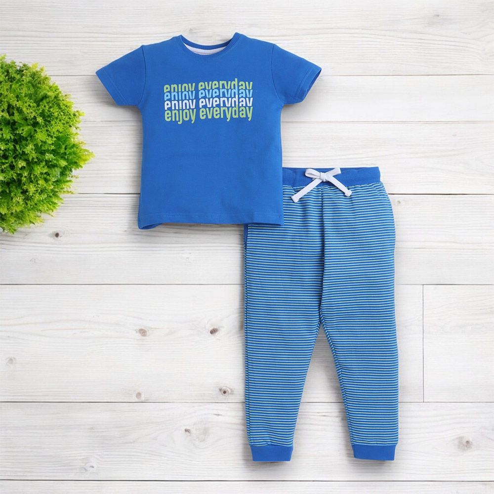 Victor And Jane - 2pc-Set - Boy's Enjoy Everyday Printed T-Shirt And Long Pants - Navy Blue