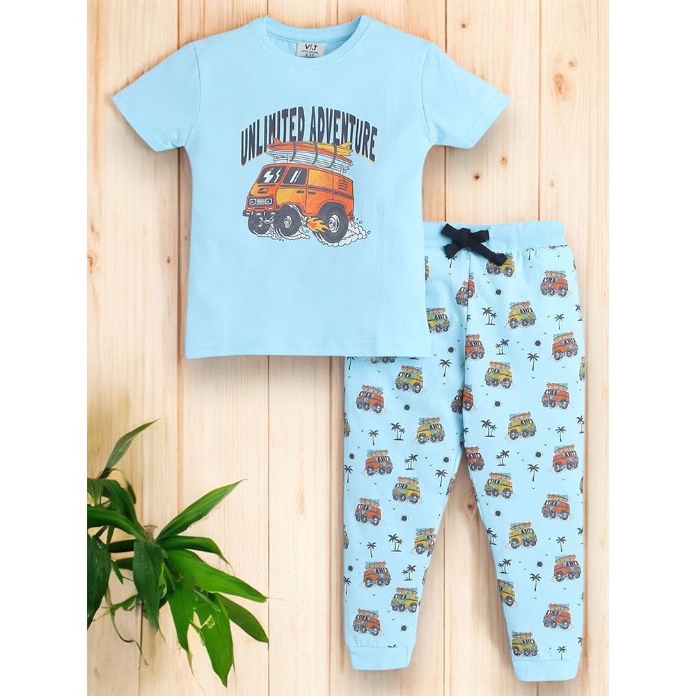 Victor And Jane - 2pc-Set - Boy's Printed T-Shirt And Long Pants - Blue