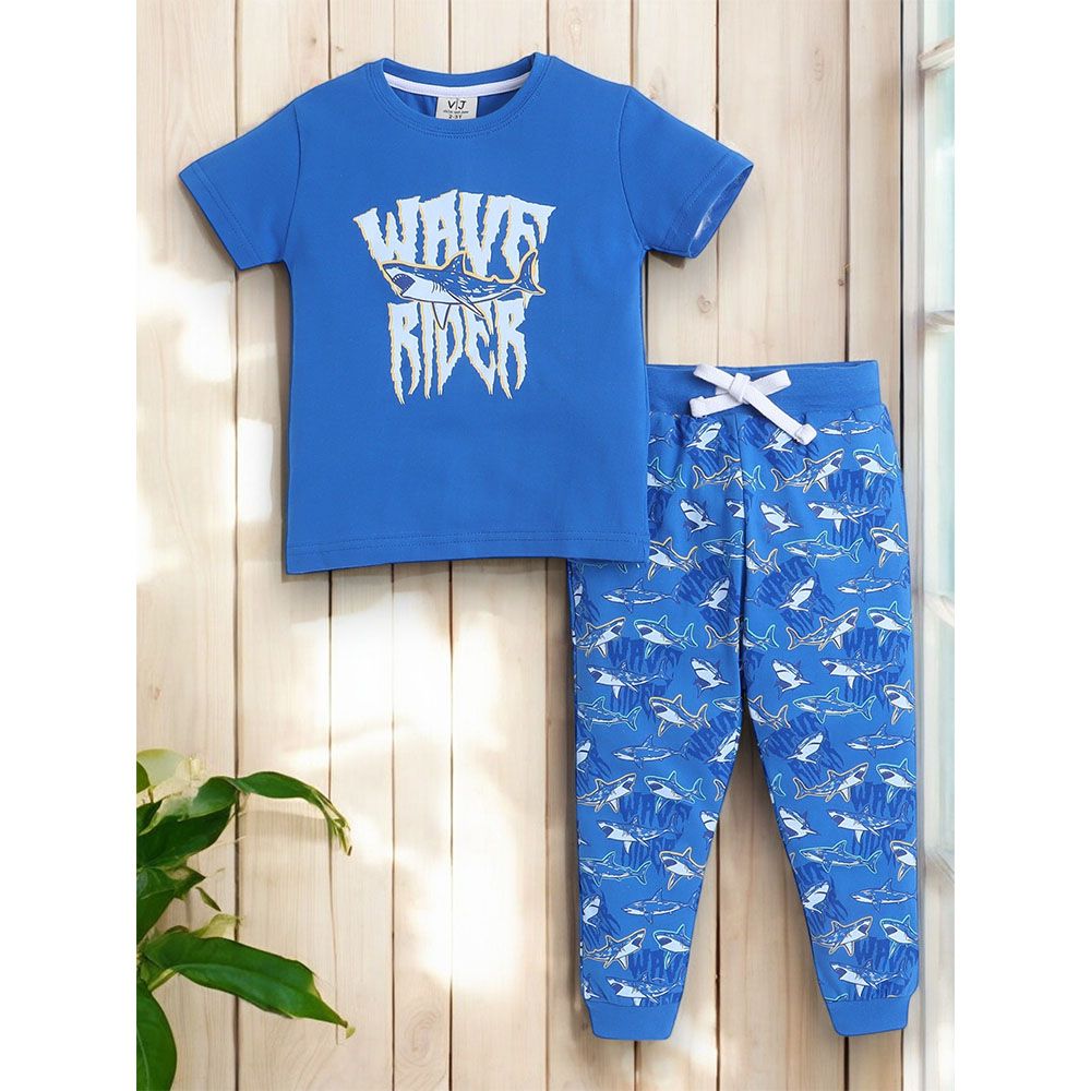 Victor And Jane - 2pc-Set - Boy's Wave Rider Printed T-Shirt And Long Pants - Blue