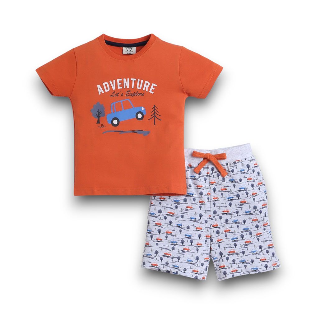 Victor And Jane - Boys Pyjama Set- Printed T-shirt And Shorts - Orange