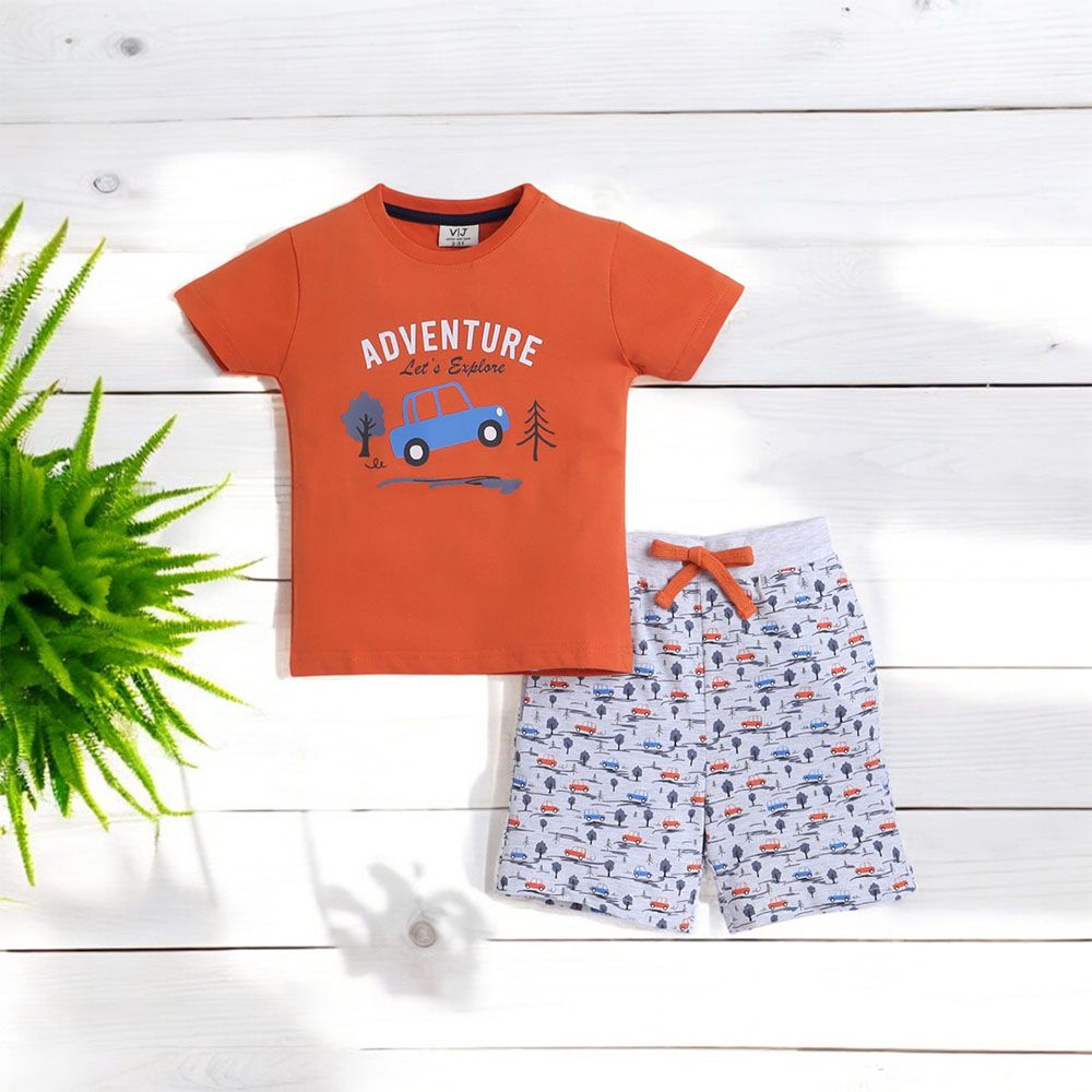 Victor And Jane - Boys Pyjama Set- Printed T-shirt And Shorts - Orange