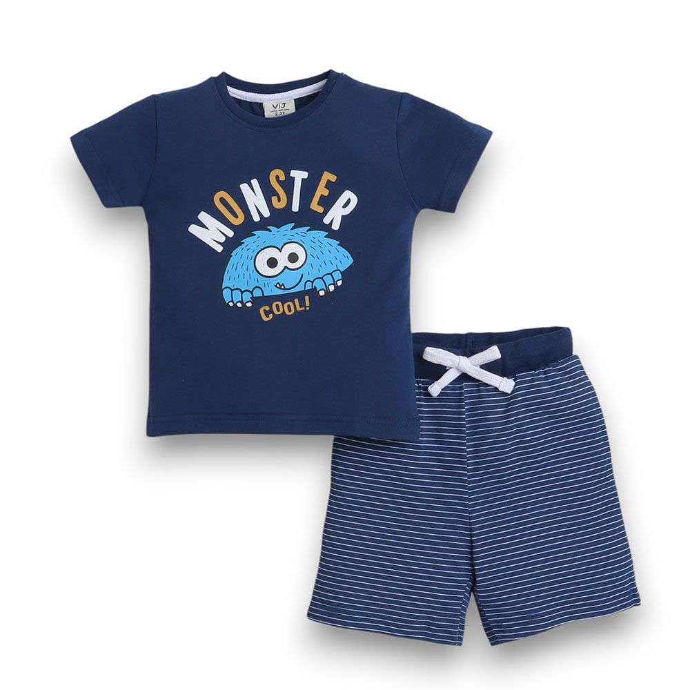 Victor And Jane - Boys Pyjama Set- Printed T-shirt And Shorts Set - Blue