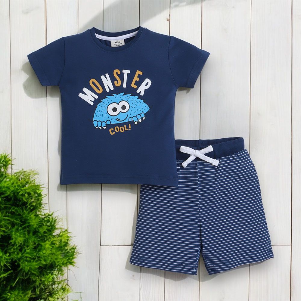 Victor And Jane - Boys Pyjama Set- Printed T-shirt And Shorts Set - Blue