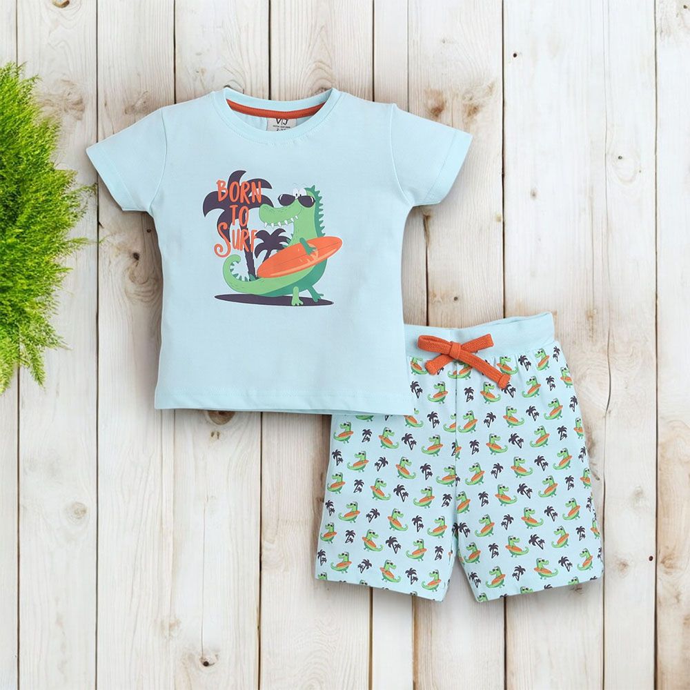 Victor And Jane - Boys Pyjama Set- Printed T-shirt And Shorts Set - Mint