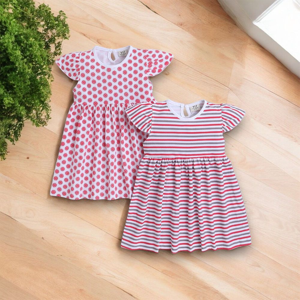 Victor And Jane - All Over Cap Sleeve Floral And Stripes Printed Dress - 2 Pcs