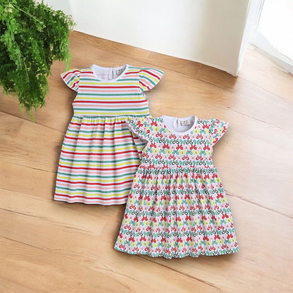 Victor And Jane - All Over Printed Ruffle Butterfly And Stripes Print Dress - 2 Pcs