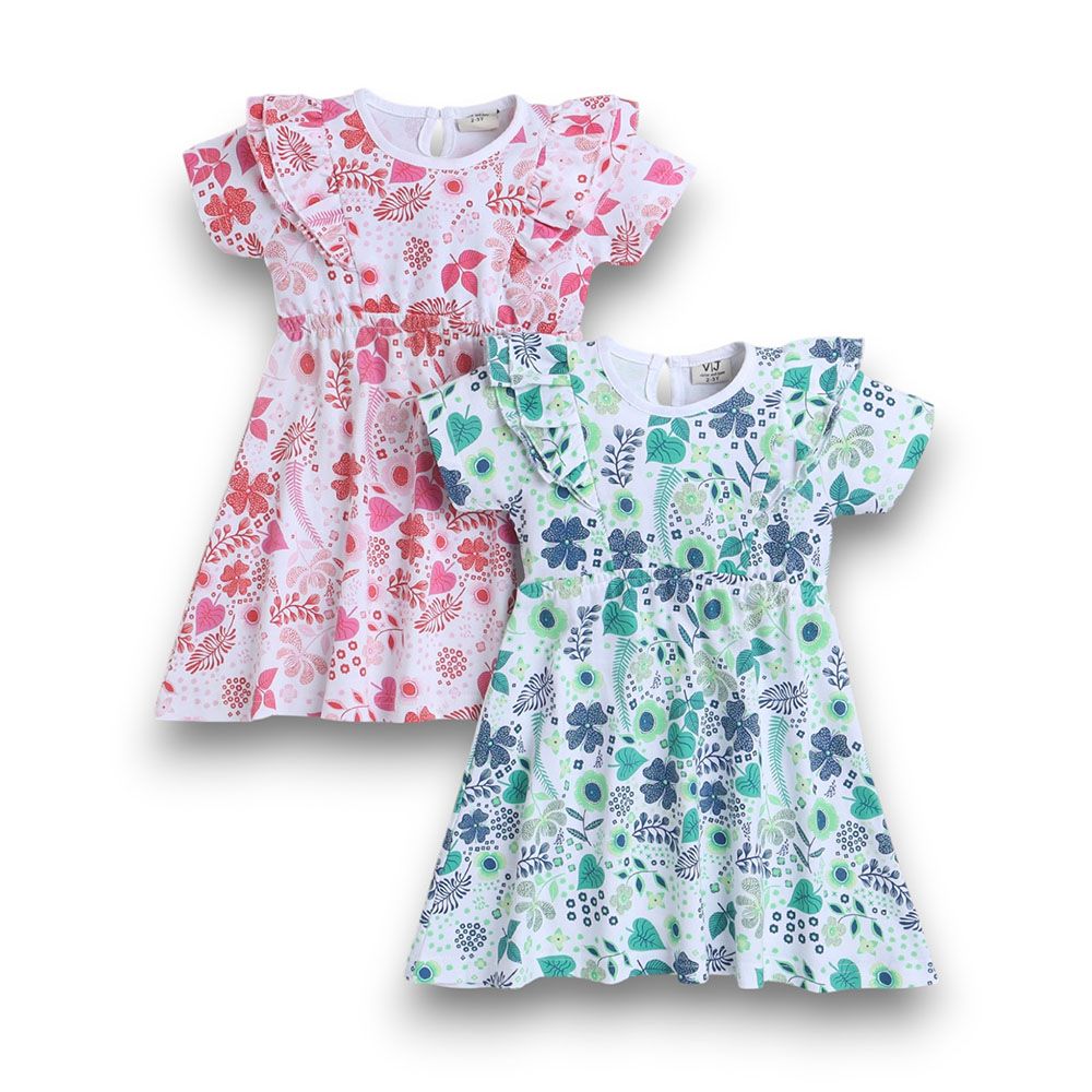 Victor And Jane - All Over Printed Ruffle Floral Print Dresses - Multicolor - 2 Pcs