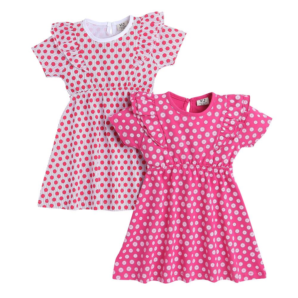 Victor And Jane - All Over Printed Polka And Flower Ruffle Dresses - 2 Pcs