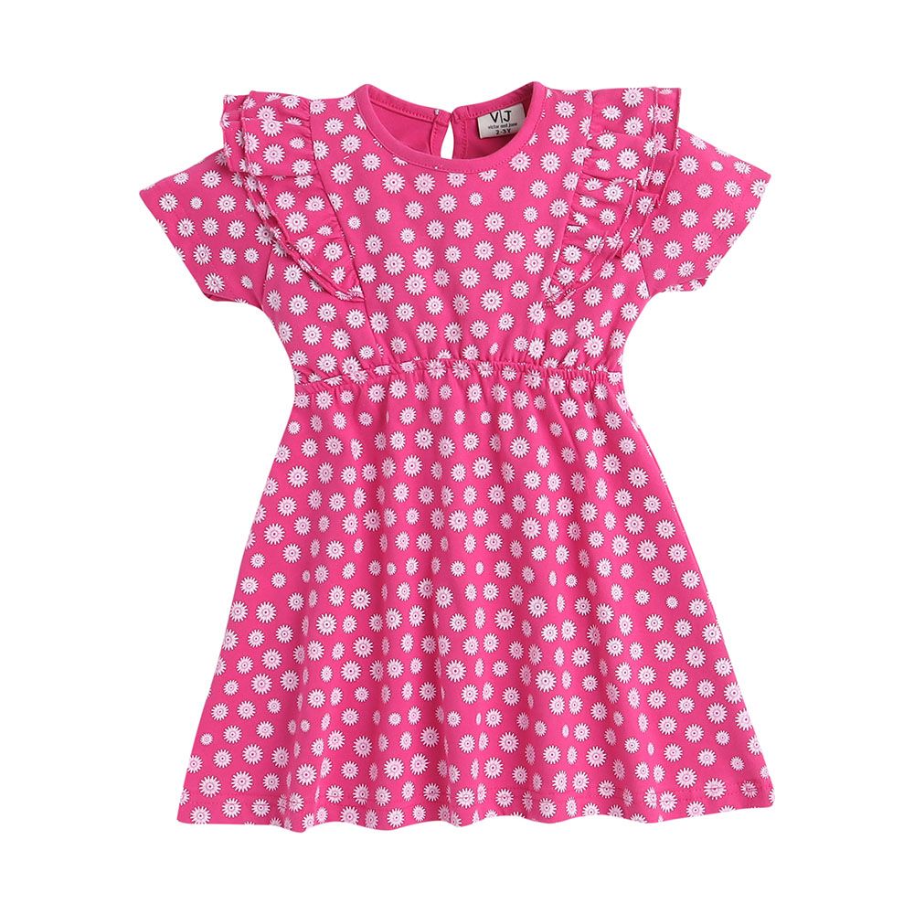 Victor And Jane - All Over Printed Polka And Flower Ruffle Dresses - 2 Pcs