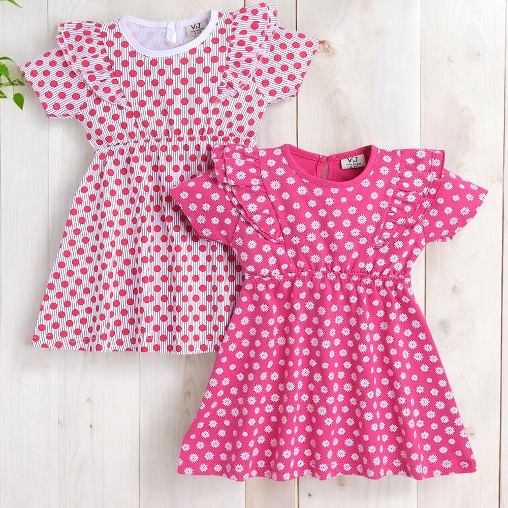 Victor And Jane - All Over Printed Polka And Flower Ruffle Dresses - 2 Pcs