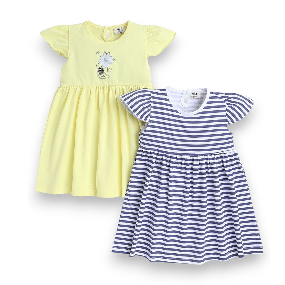 Victor And Jane - Ruffle Dress Plain Yellow And Blue Stripes Prints - 2 Pcs