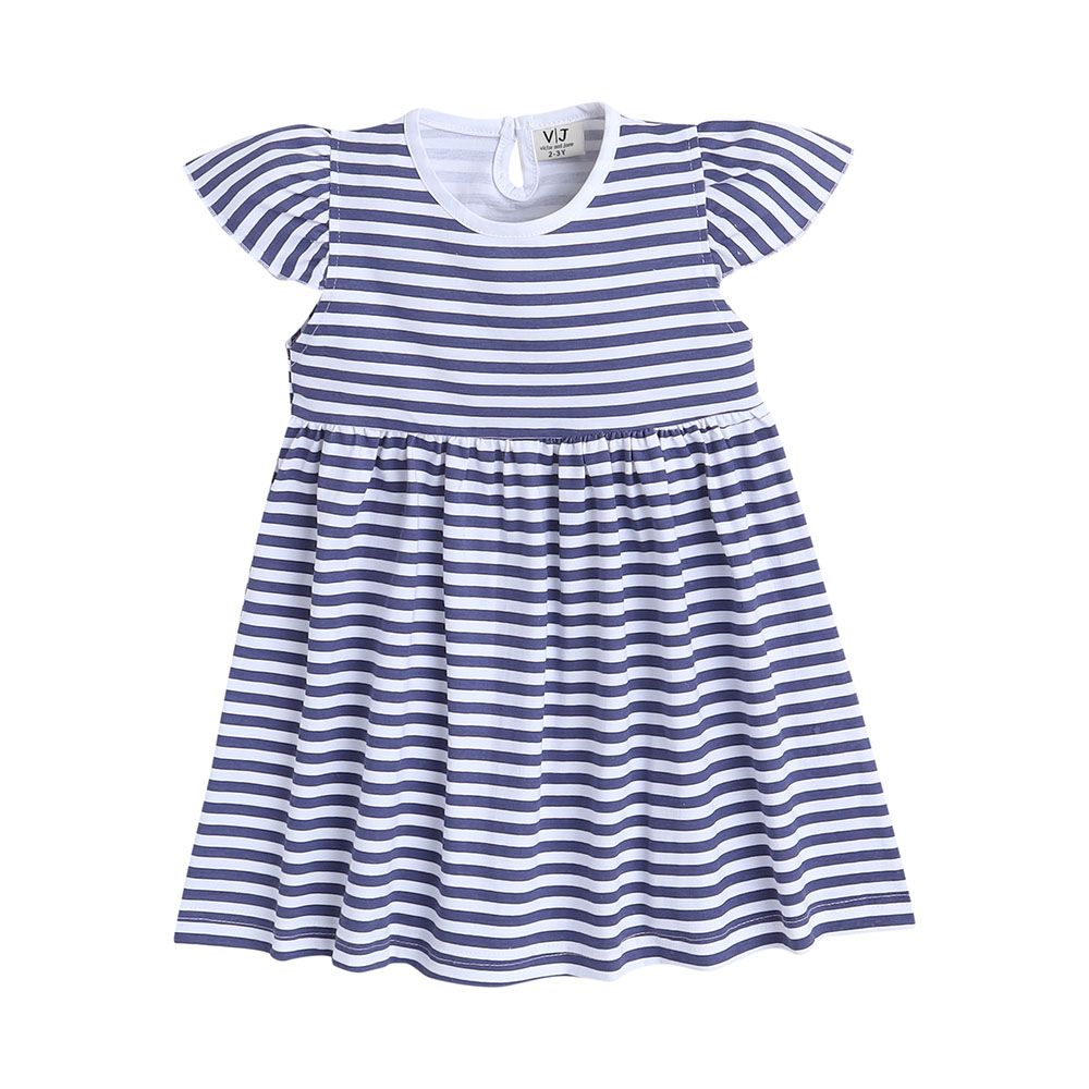 Victor And Jane - Ruffle Dress Plain Yellow And Blue Stripes Prints - 2 Pcs