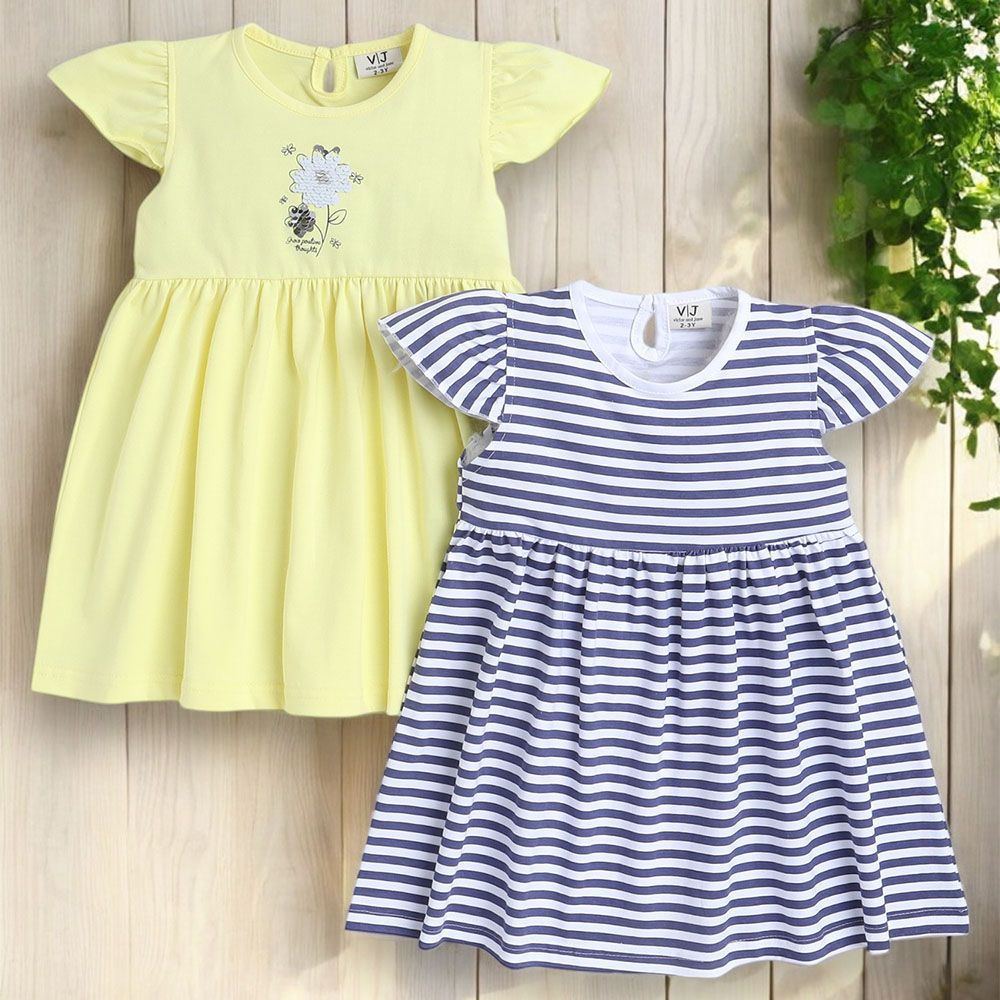 Victor And Jane - Ruffle Dress Plain Yellow And Blue Stripes Prints - 2 Pcs