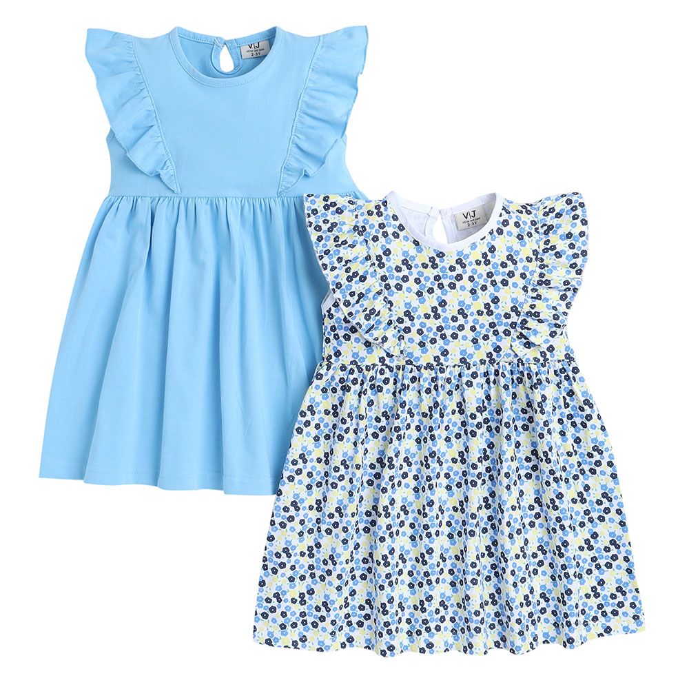 Victor And Jane - Ruffle Dress Plain And Flower Printed - Light Blue - 2 Pcs