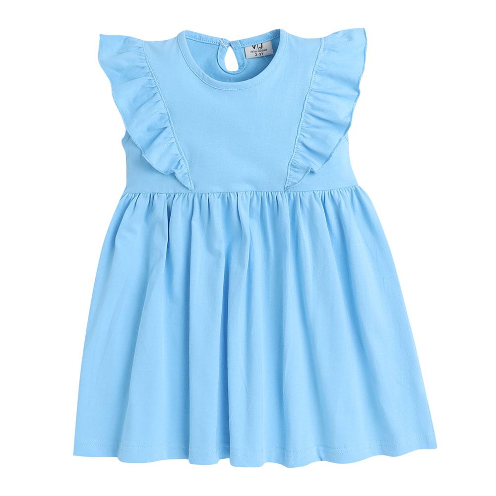 Victor And Jane - Ruffle Dress Plain And Flower Printed - Light Blue - 2 Pcs