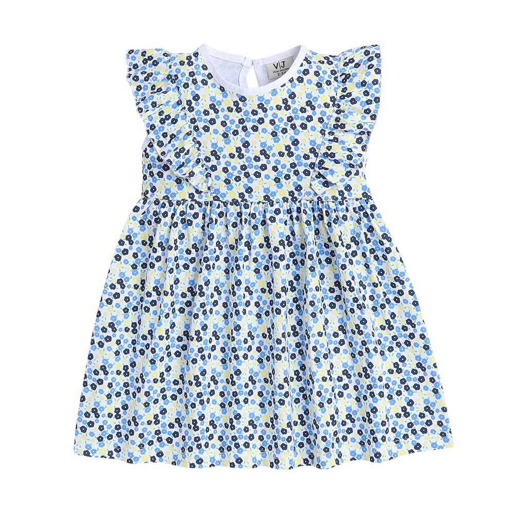 Victor And Jane - Ruffle Dress Plain And Flower Printed - Light Blue - 2 Pcs