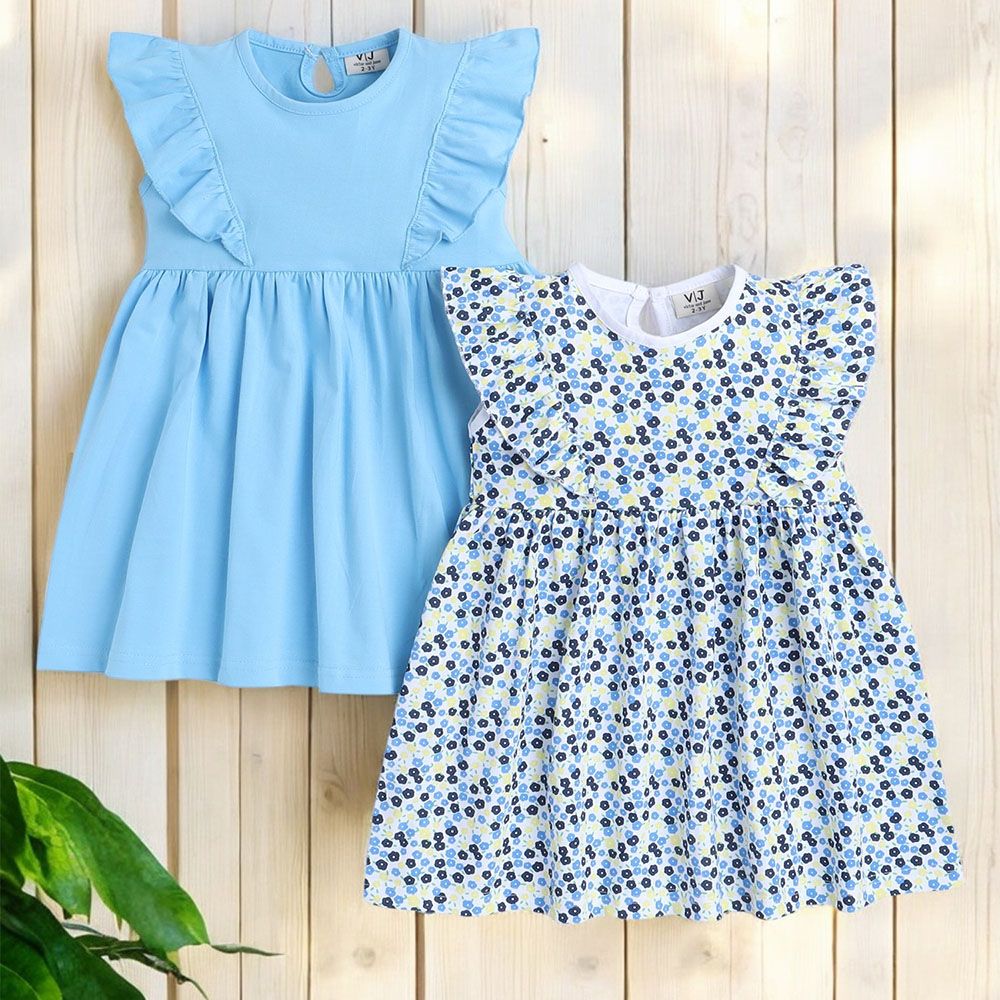 Victor And Jane - Ruffle Dress Plain And Flower Printed - Light Blue - 2 Pcs