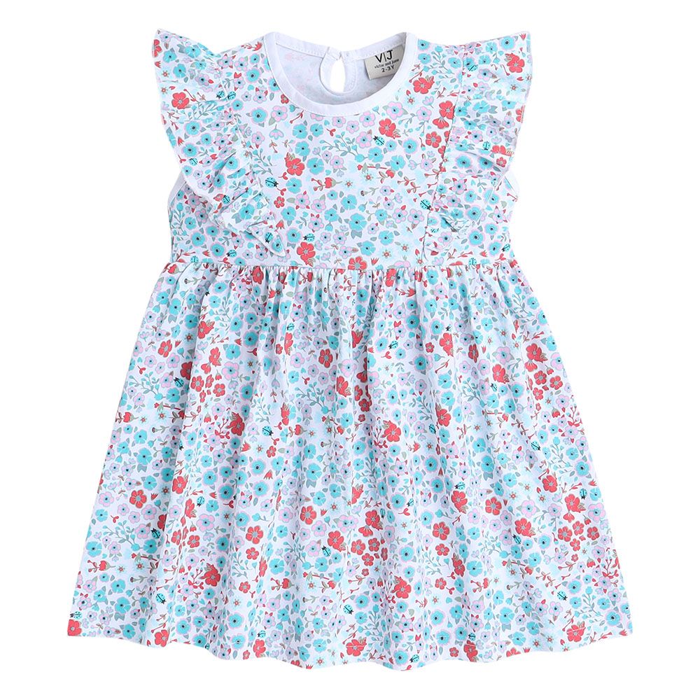 Victor And Jane - Ruffle Dress Plain And Flower Prints - Blue - 2 Pcs