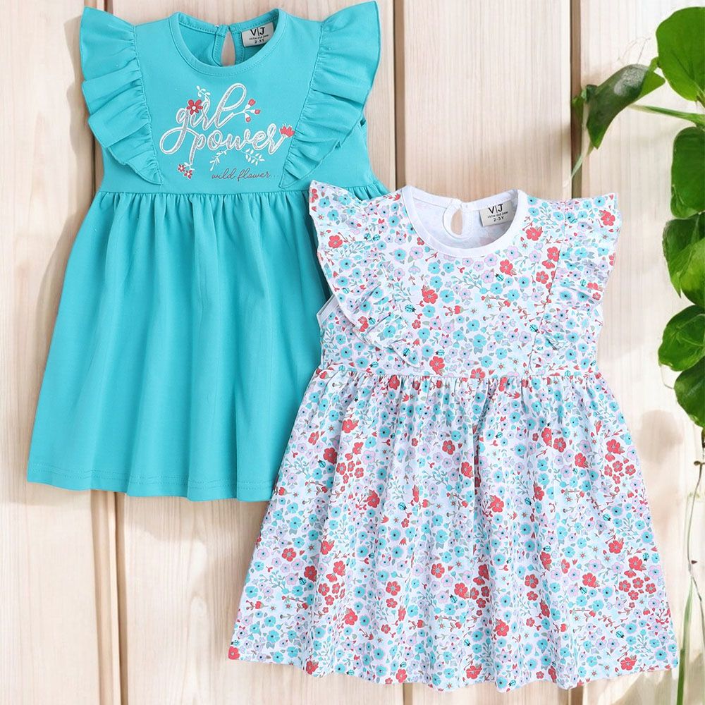 Victor And Jane - Ruffle Dress Plain And Flower Prints - Blue - 2 Pcs